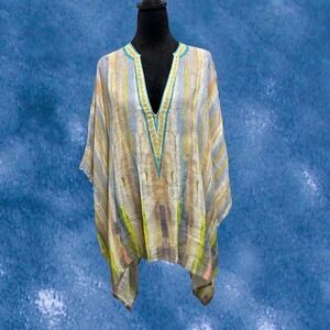 Blank London Poncho Top Womens OS Multicolor Excellent 100% Linen V-Neck Boho